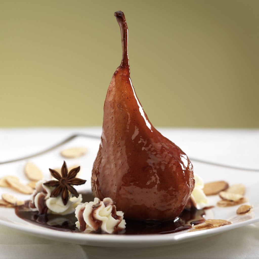 Red Wine Poached Pear with Mascarpone and Candied Almonds