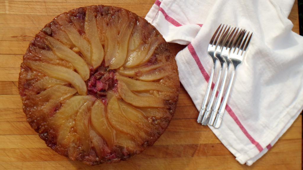 Pear and Rhubarb Upside-Down Cornmeal Cake