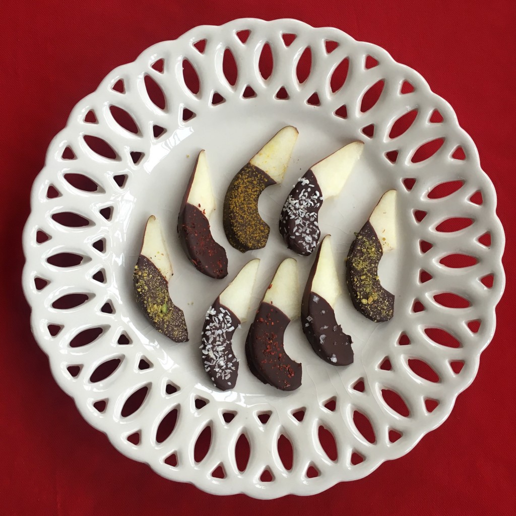 Valentine pears dipped in chocolate and topped with fun toppings