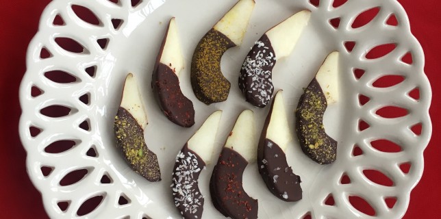 Valentine pears dipped in chocolate and topped with fun toppings