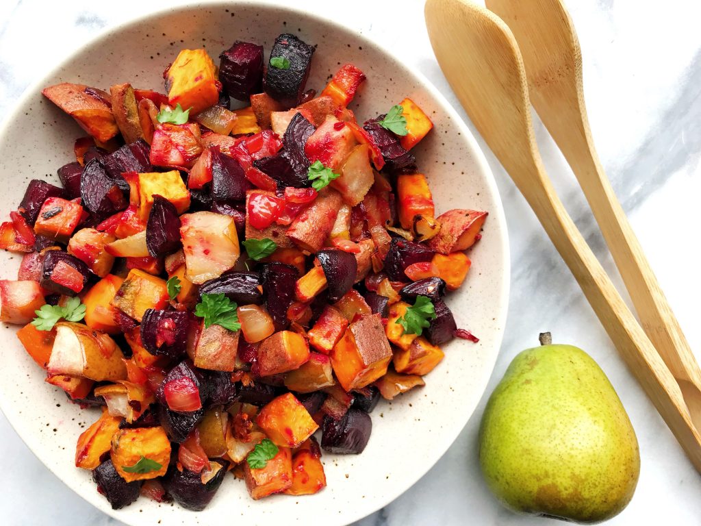 Roasted Beets and Sweet Potatoes with Pears and Ginger