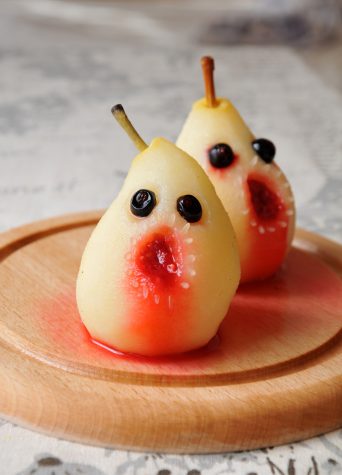 Spooky baked pear monsters or ghosts for Halloween party