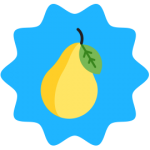 Yellow pear icon with a blue starburst behind it